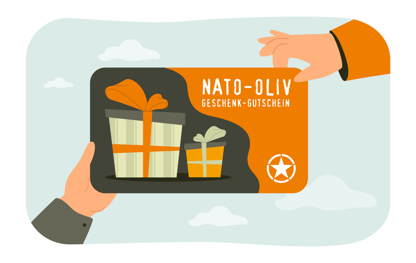 Eine Illustration, auf der zwei Hände einen Geschenkgutschein mit Nato-Oliv Branding festhalten.